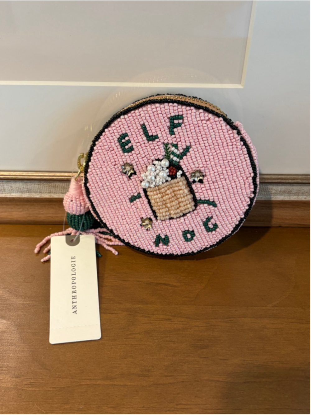 Anthropologie Nephthys Illustrated Elf Nog Beaded Coin Pouch Purse Holiday NWT